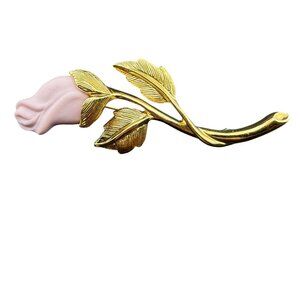 Avon Rose Brooch Gold-Tone Metal Pink Porcelain Flower Pin Floral Design Vintage